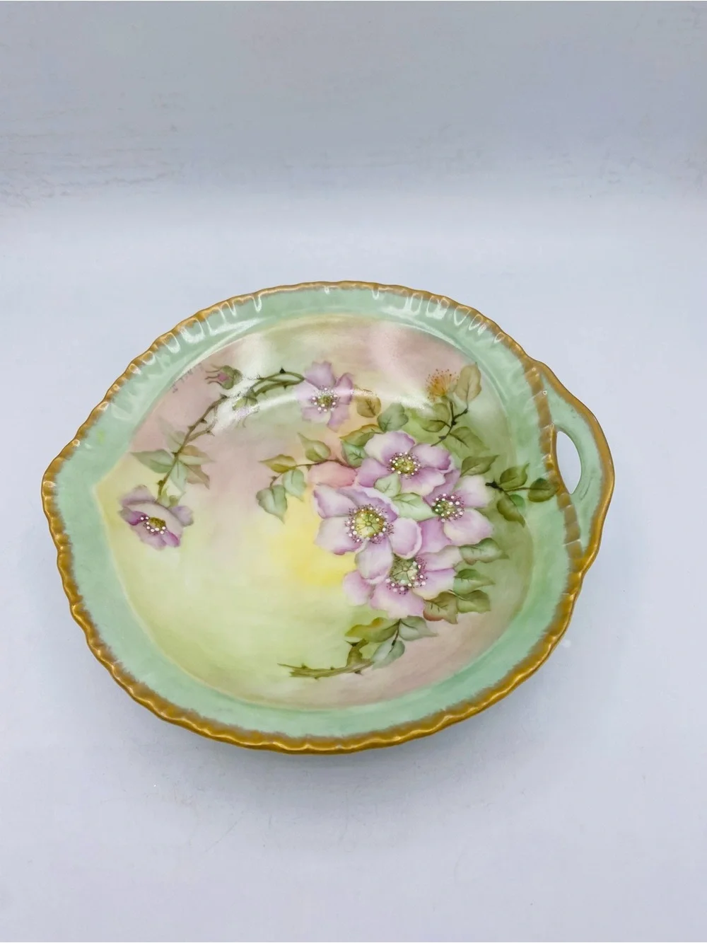 Antique Hand-Painted Floral Serving/ Trinket Dish - Mint Green And Gold Edge